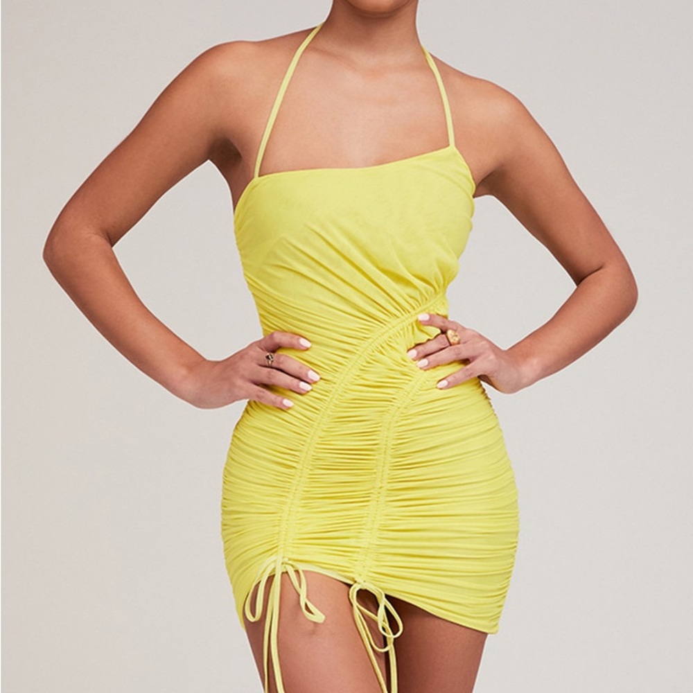 BNWT Mistress Rocks “Swing It On” Lemon Asymmetric Ruched Mesh Mini Dress size M